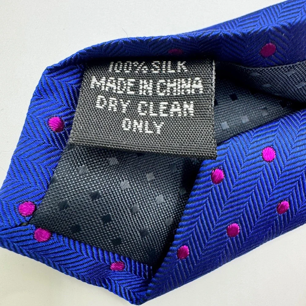 Tom James Mens Silk Tie Blue Herringbone Magenta Pink Polka Dot‎ Classic Necktie
